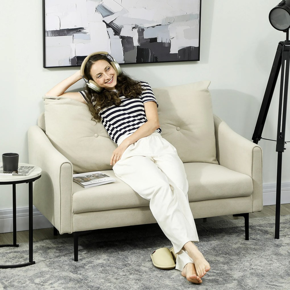 HOMCOM Sofa 2-osobowa z piankowym wypełnieniem i obiciem materiałowym, do salonu, sypialni, rama metalowa, kremowy