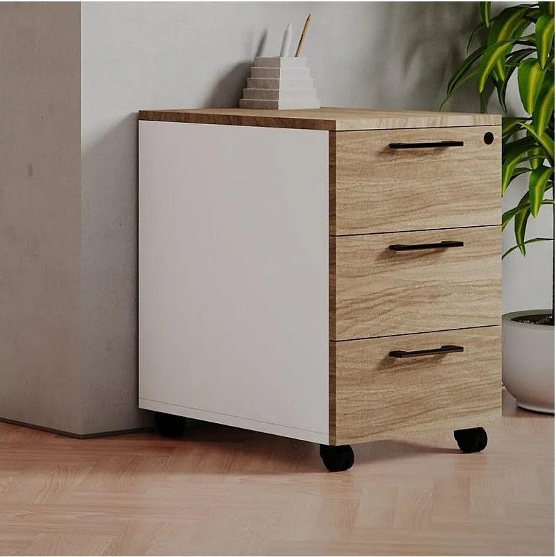 Nowoczesna komoda biurowa 3 szuflady "Ibisco" orzech naturalny biały cm 40x55 58h