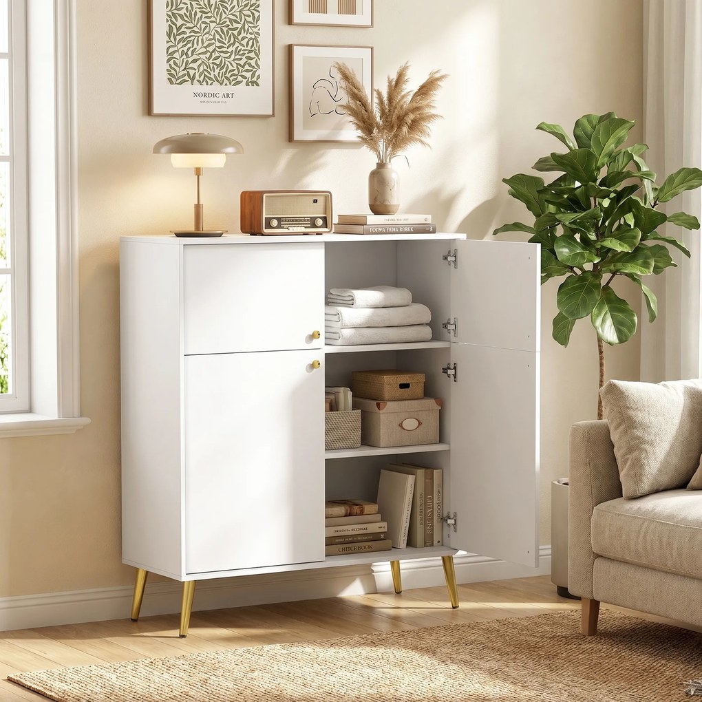 HOMCOM Nowoczesny sideboard, bufet 105,4 cm z 4 drzwiami Soft-Close i metalowymi nóżkami, do jadalni i kuchni, kremowo-biały | Aosom PL
