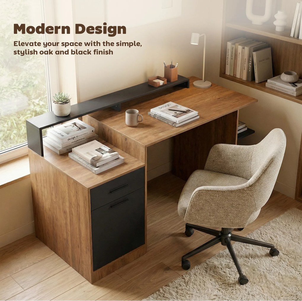 HOMCOM Biurko komputerowe z miejscem na przechowywanie i półkami, nowoczesne biurko do biura i gabinetu, 140 cm, dąb | Aosom PL