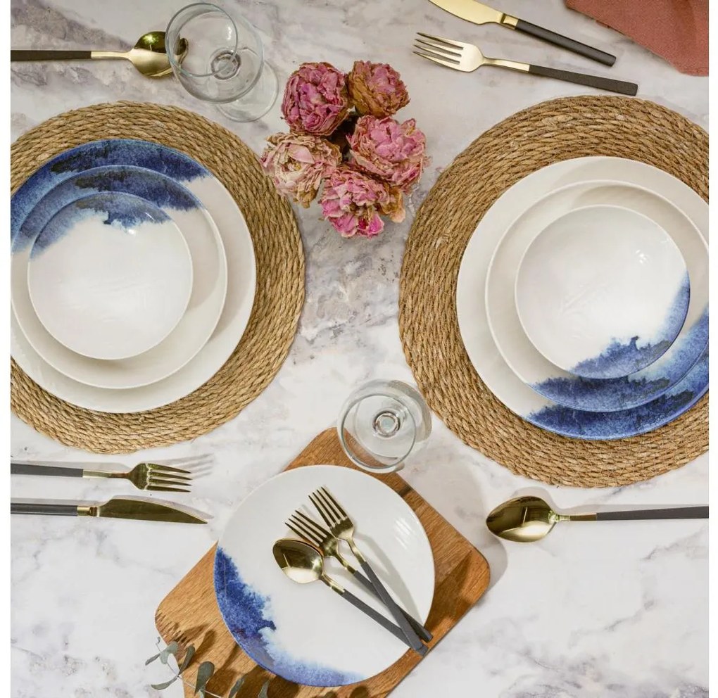 Zestaw obiadowy 24 części, biały/niebieski, porcelanowy