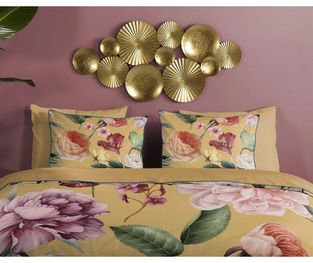 Pościel dwuosobowa z satyny bawełnianej w kolorze ochry 240x220 cm Fiori – Descanso