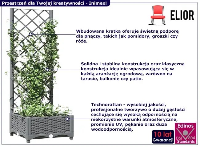 Szara kwadratowa donica ogrodowa z pergolą N6-Z62
