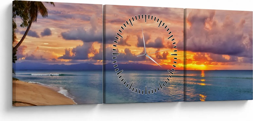 Obraz - Zachód słońca na plaży (z zegarem) (90x30 cm)