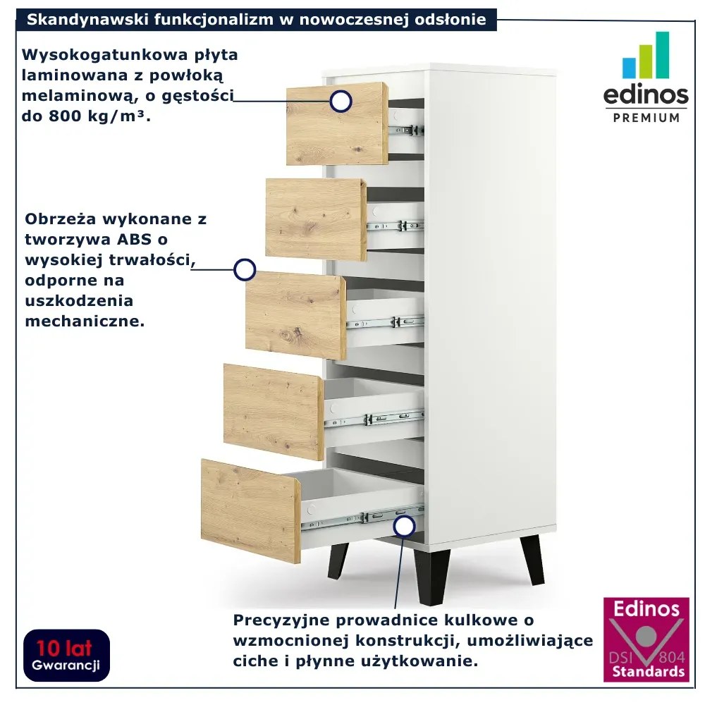 Wąska komoda z 5 szufladami biały + dąb artisan E2-S22