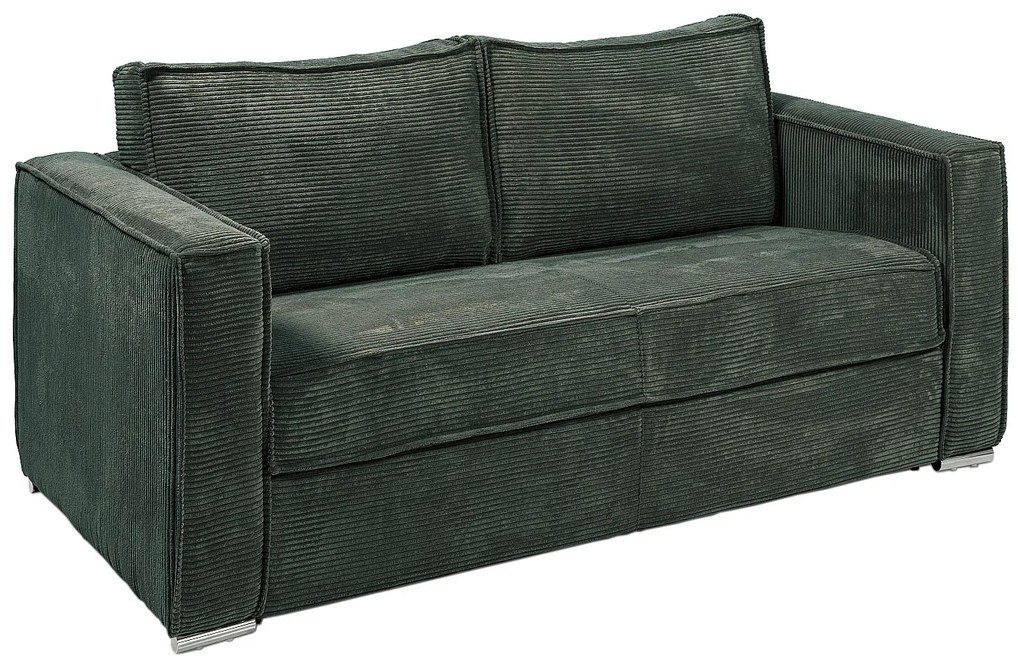 Kanapa 3-osobowa rozkładana typu express ze sztruksu w butelkowej zieleni - Miejsce do spania 140 cm - Materac 22 cm z pamięcią kształtu - LORETO