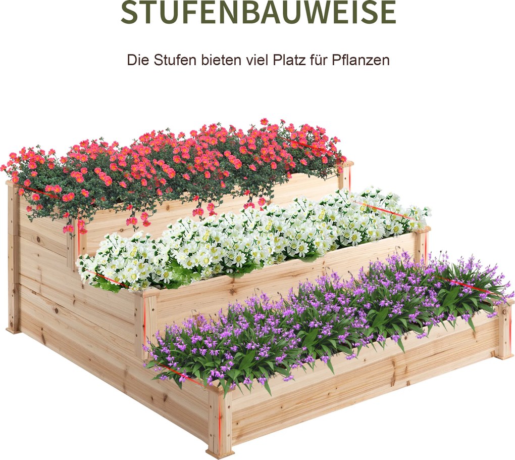 Outsunny Podwyższona Grządka Drewniana 3Poziomowa Rabata Ogrodowa 124x124x56cm Naturalne Drewno | Aosom PL
