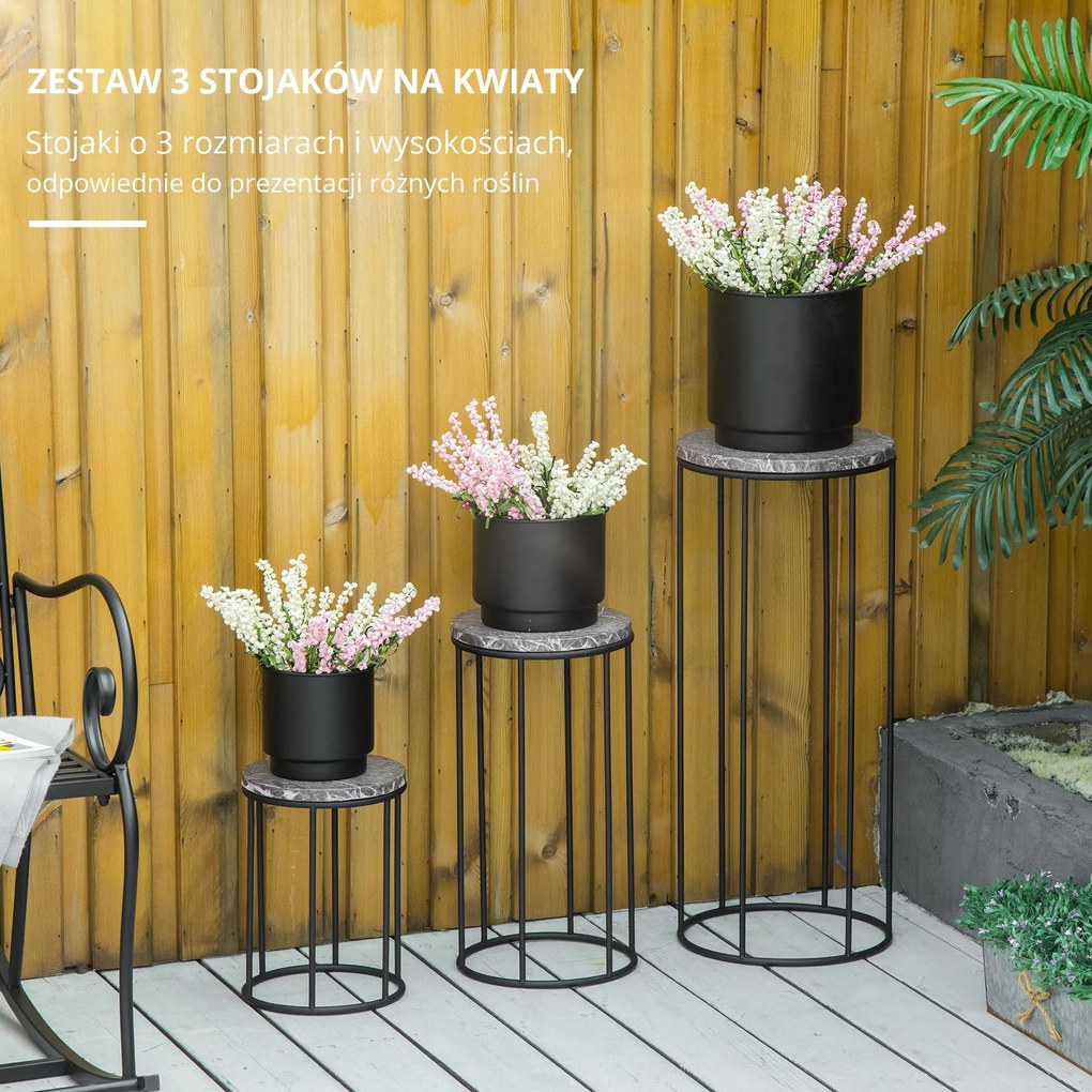 Outsunny Zestaw 3 metalowych stojaków na kwiaty, marmurowy wzór, możliwość układania w stos
