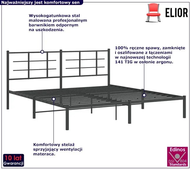 Czarne metalowe łóżko małżeńskie 180x200 cm - Laxo