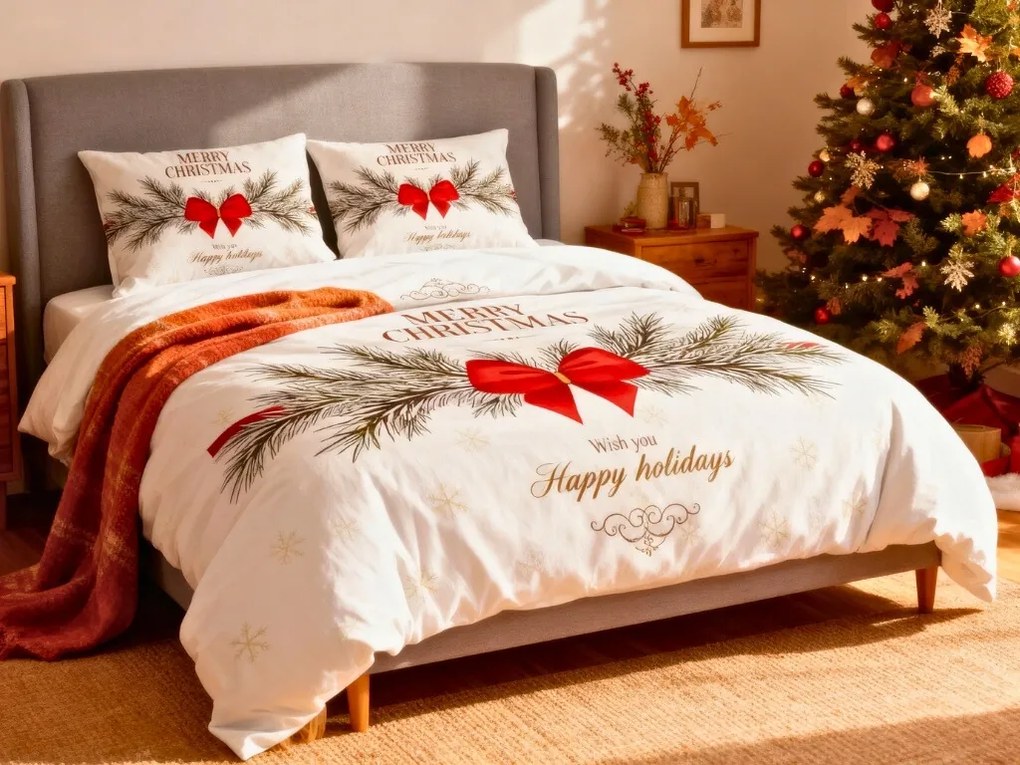 PrzytulneMieszkanie.pl PrzytulneMieszkanie.pl 3D Bawełniana pościel WISH YOU HAPPY HOLIDAYS kremowa, 100% bawełna Rozmiar pościeli: 70 x 90 cm | 140 x 200 cm