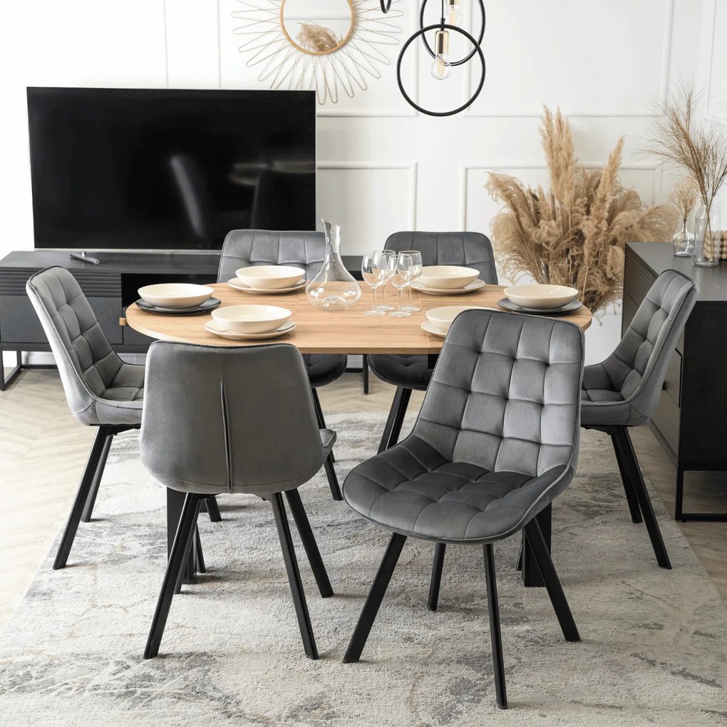 Zestaw Stół Okrągły Rozkładany HARRY 102-142 cm Dąb Craft/Czarny i 6 Krzeseł Tapicerowanych RICK Szarych Nowoczesnych