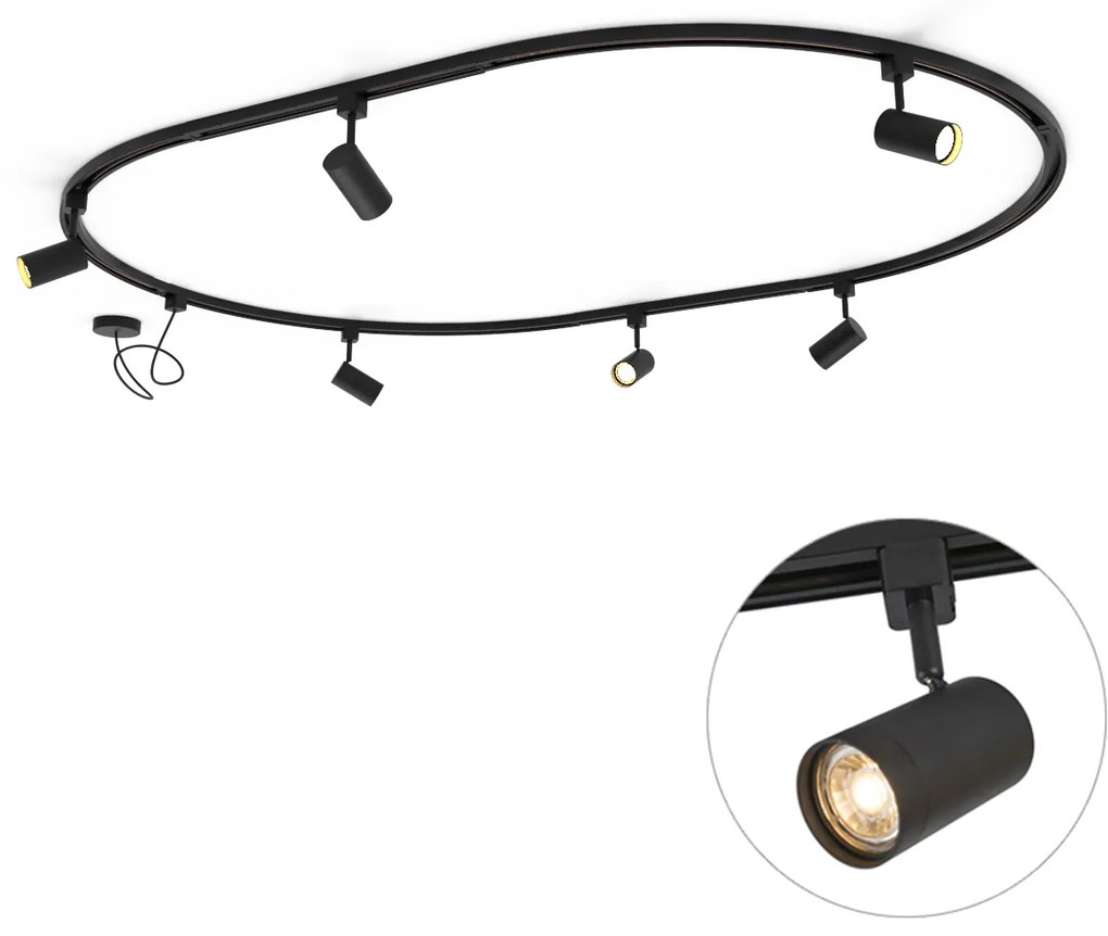 Nowoczesny system oświetlenia szynowego z 6 czarnymi reflektorami, 1-fazowy, owalny 100 cm - Iconic Jeana