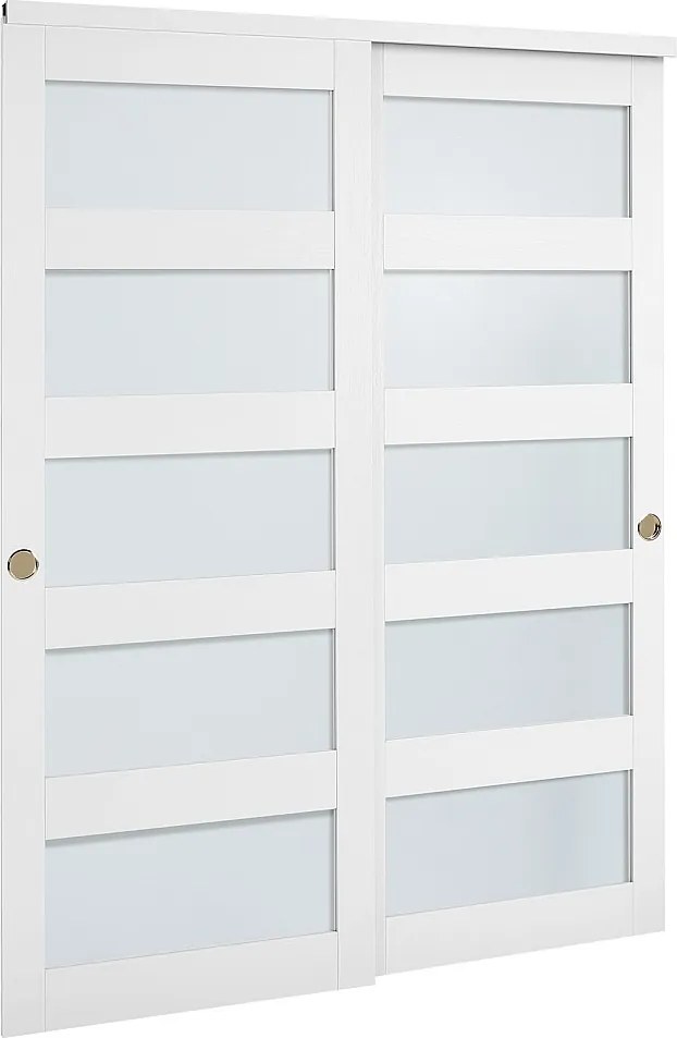 Drzwi Przesuwne SucceBuy do Szafy 152,4 x 203,2 cm, Podwójne Drzwi do Szaf w Szkle Matowym z 5 Panelami, z Kompletem Okuć i Szyną Podłogową
