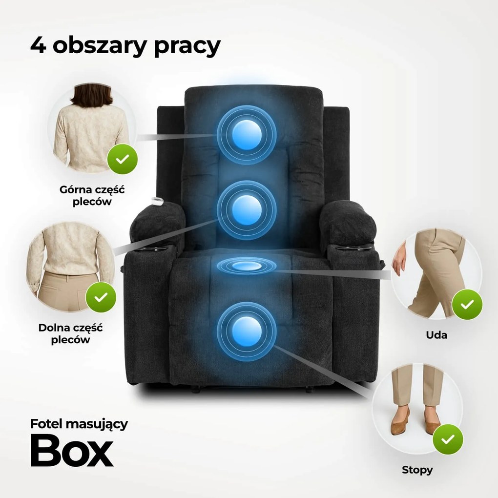 Fotel Masujący BOX 2 Rozkładany z Podnóżkiem Czarny Nowoczesny