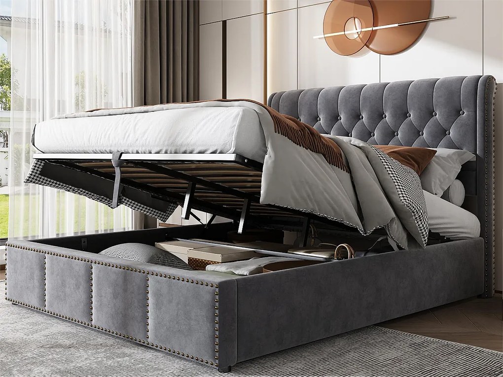 Łóżko z pojemnikiem 140 x 200 cm i zagłówkiem - materiał - stelaż z listew - szare