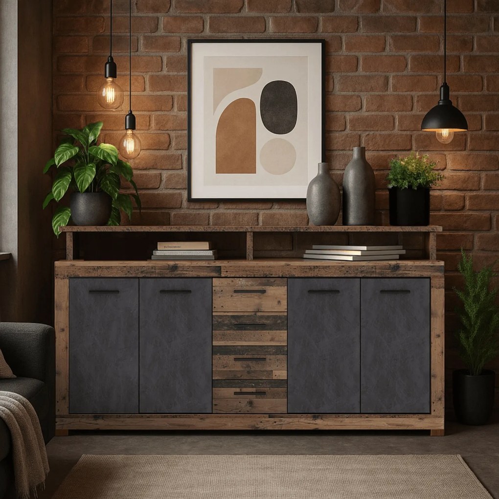 Komoda Czterodrzwiowa BLAGO 190 cm Ciemny Dąb/Czarny Loft