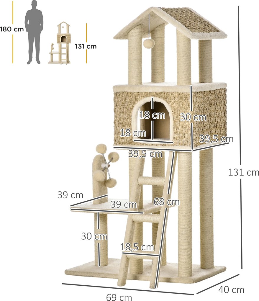 PawHut Drapak z jaskinią dla kota z zabawką, sizal, plusz, chaki + beż + kawa