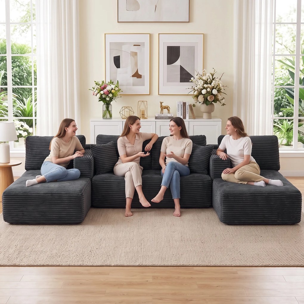 HOMCOM Modułowa sofa w kształcie U z 2 szezlongami, sztruksowa sofa rozkładana z pianką o wysokiej gęstości i sprężynowym wypełnieniem, Ciemnoszara | Aosom PL