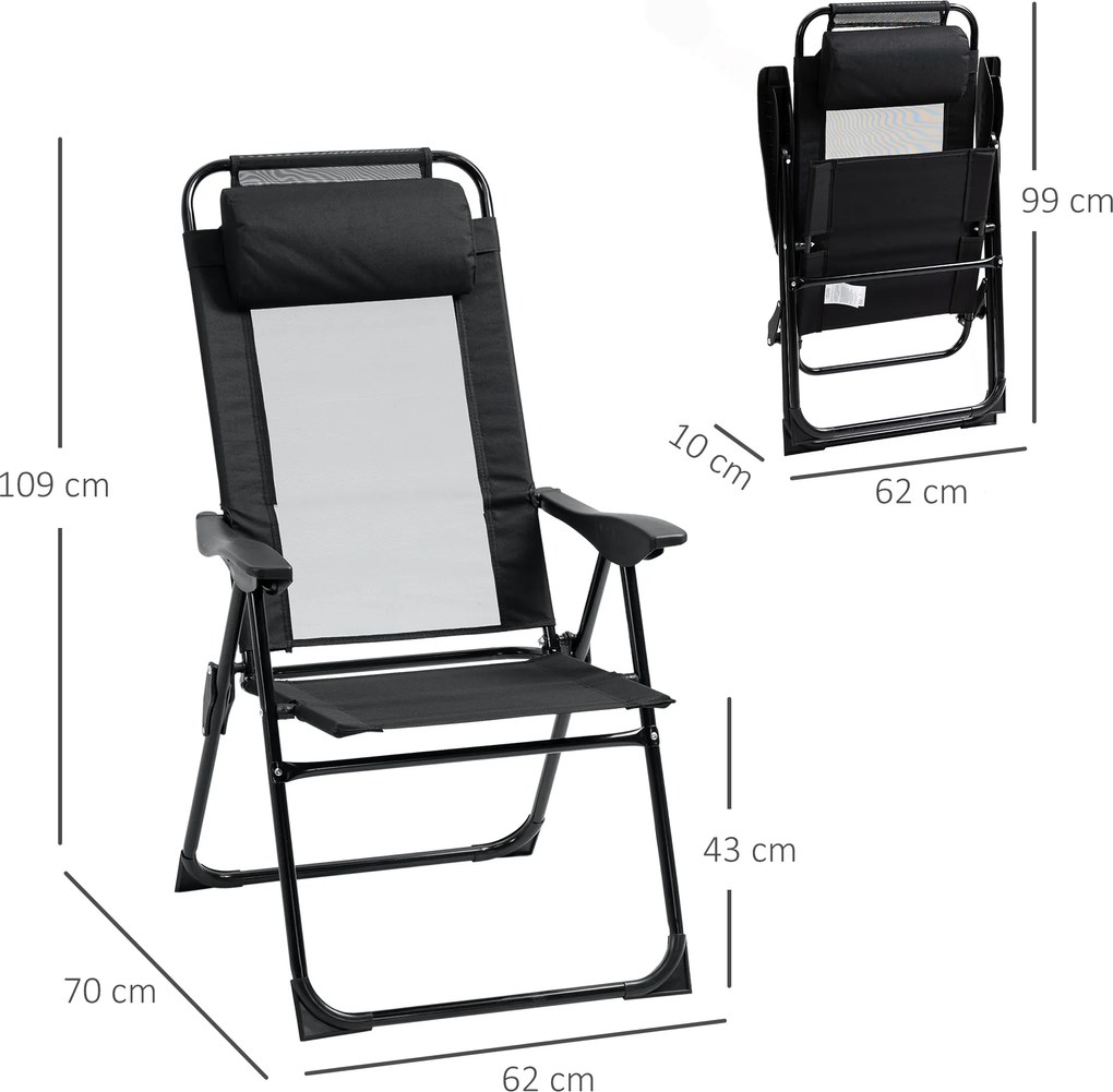 Outsunny Składane krzesło 2-pack, leżak, odporny na warunki pogodowe, oparcie regulowane w 5 pozycjach, metalowa rama, Czarny