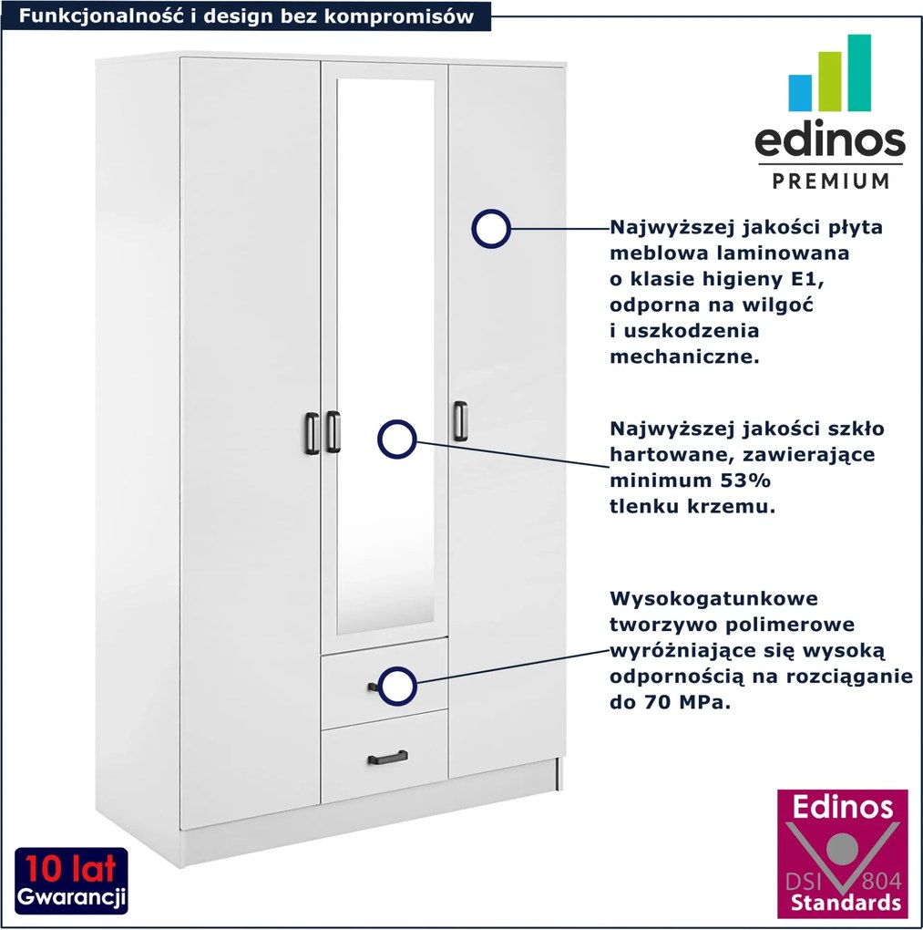 Biała trzydrzwiowa szafa z lustrem i szufladami C6-F82