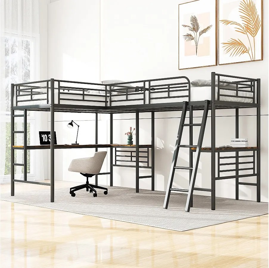 Łóżko antresola dwuosobowe - 2 x 90 x 200 cm - z biurkiem narożnym i drabinkami - metalowe - czarne