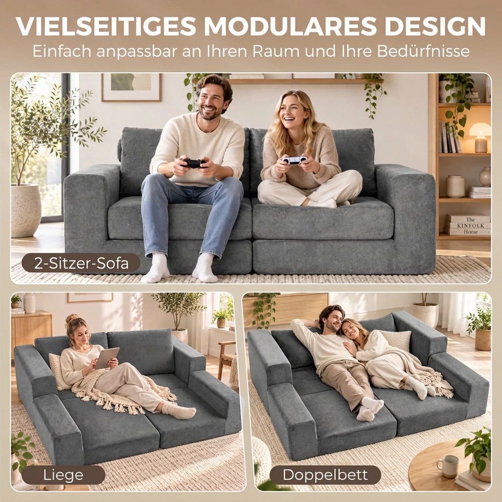 HOMCOM Sofa rozkładana 4-w-1 z funkcją spania, rozkładana, poduszki, 2-osobowa, szara | Aosom PL