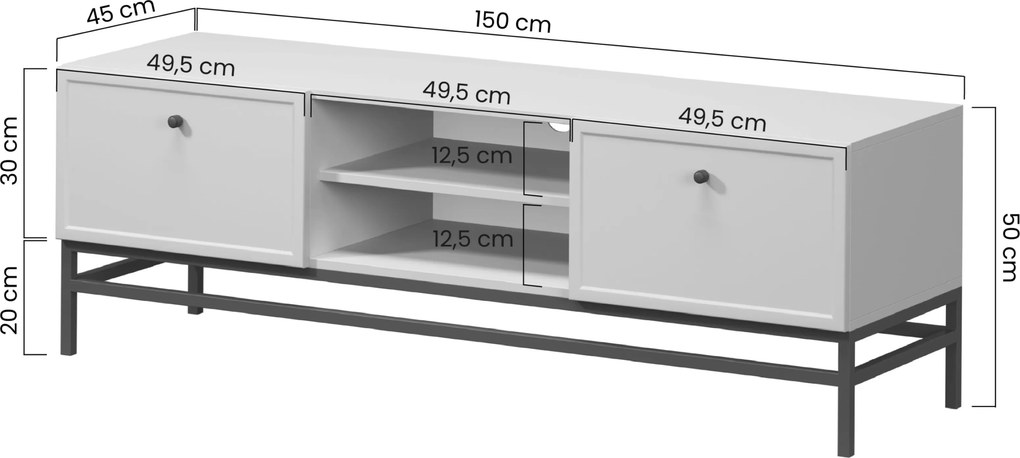 Szafka RTV Lorini 150 cm z szufladami - kaszmir / czarne uchwyty T-bar / stelaż