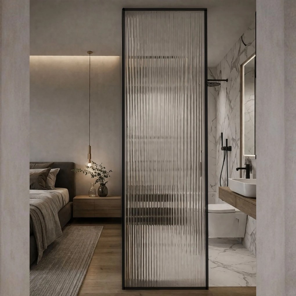 Ścianka prysznicowa ryflowana ARTE WELLE XXL w czarnej ramie Clear szkło transparentne ryflowane | Różne rozmiary : Kolor ramy - chrom, Rozmiar - 110 x 300 cm