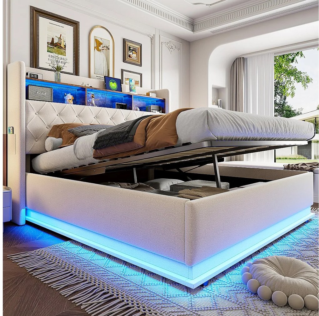 Łóżko z pojemnikiem 180 x 200 cm i zagłówkiem ze schowkiem - ładowanie przez USB i diody LED - tkanina lniana - beż