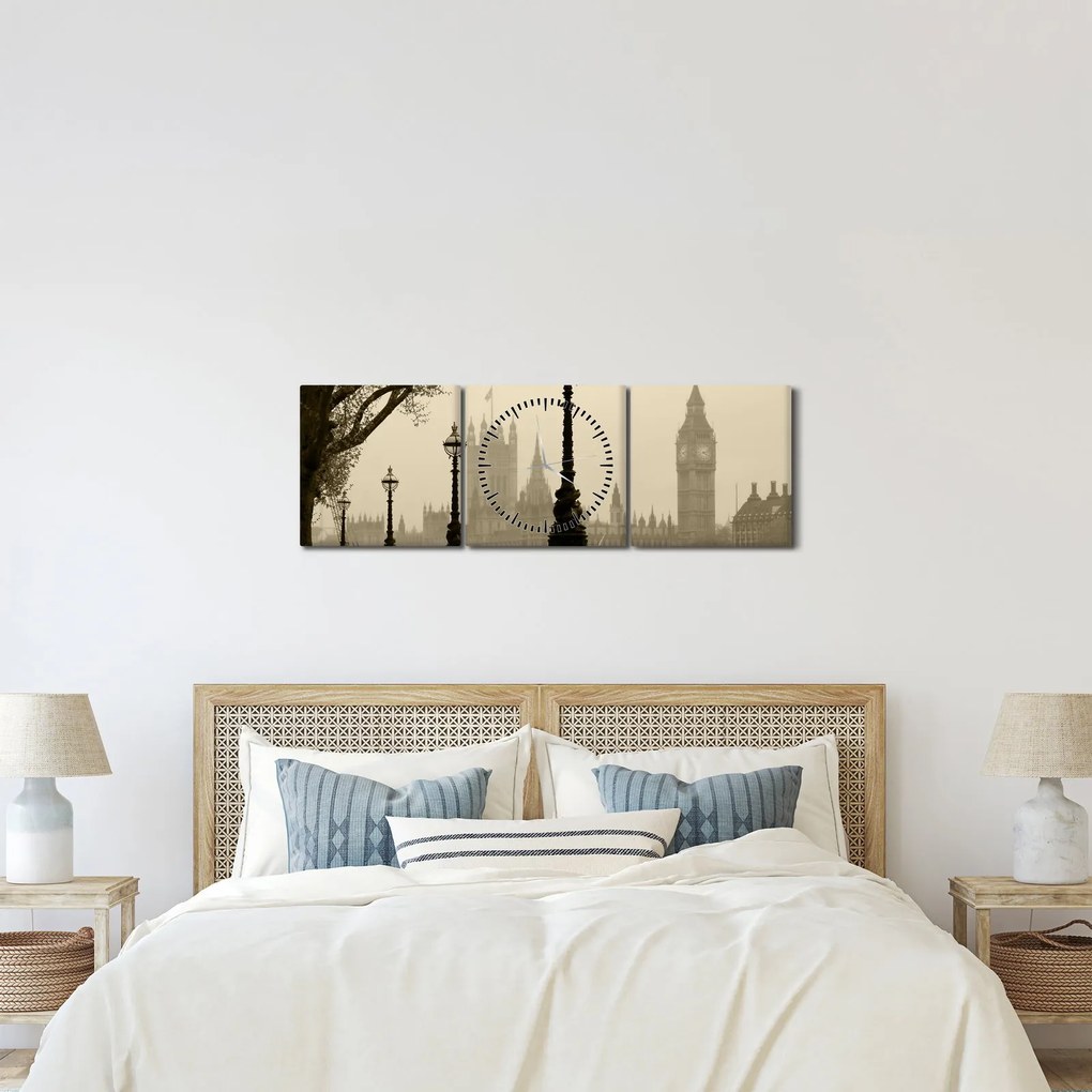 Obraz - Londyn we mgle, Anglia (z zegarem) (90x30 cm)