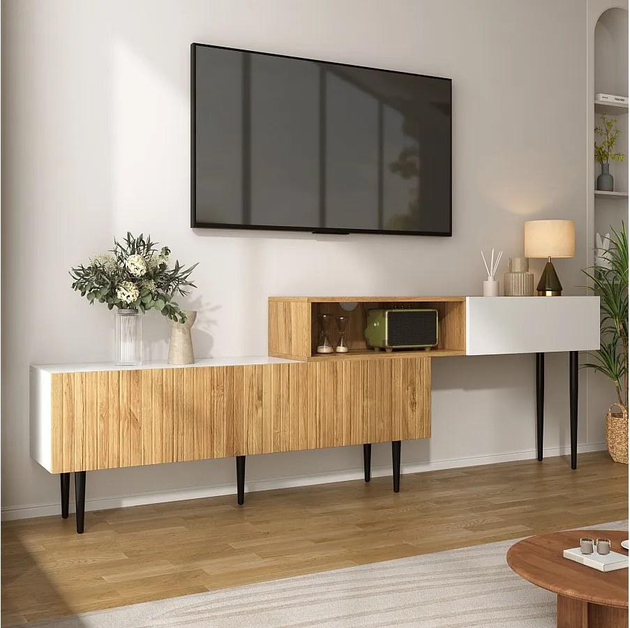 Szafka RTV z regulacją długości - 220 x 30 x 63,4 cm - modułowa w 2 częściach - MDF - naturalna