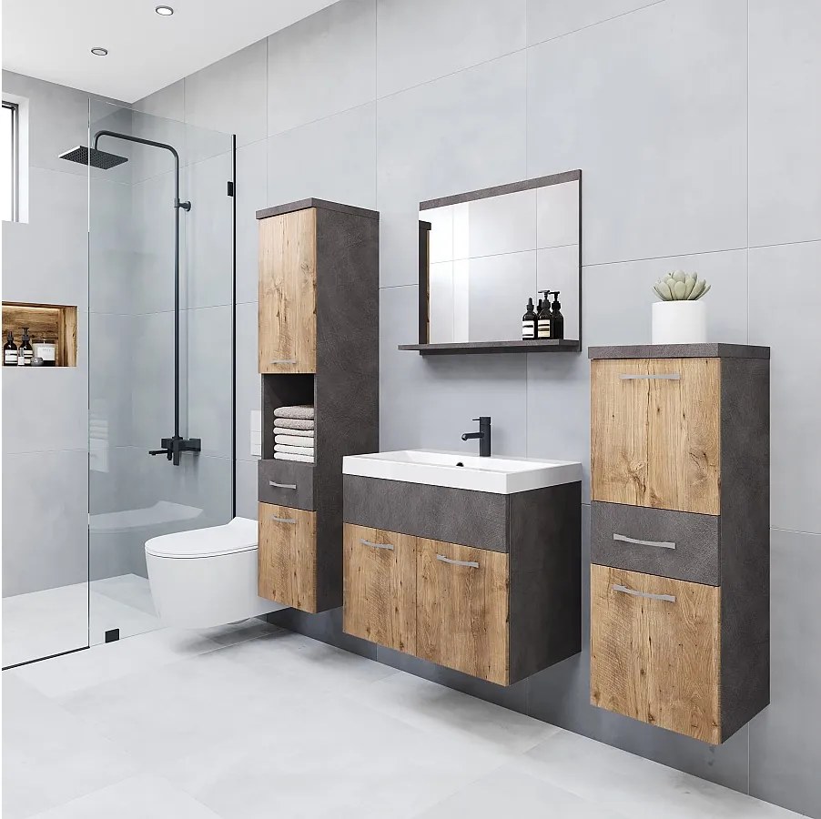 Nowoczesne meble łazienkowe, wiszący zestaw z umywalką, lustrem i słupkami, matera / kasztan mat