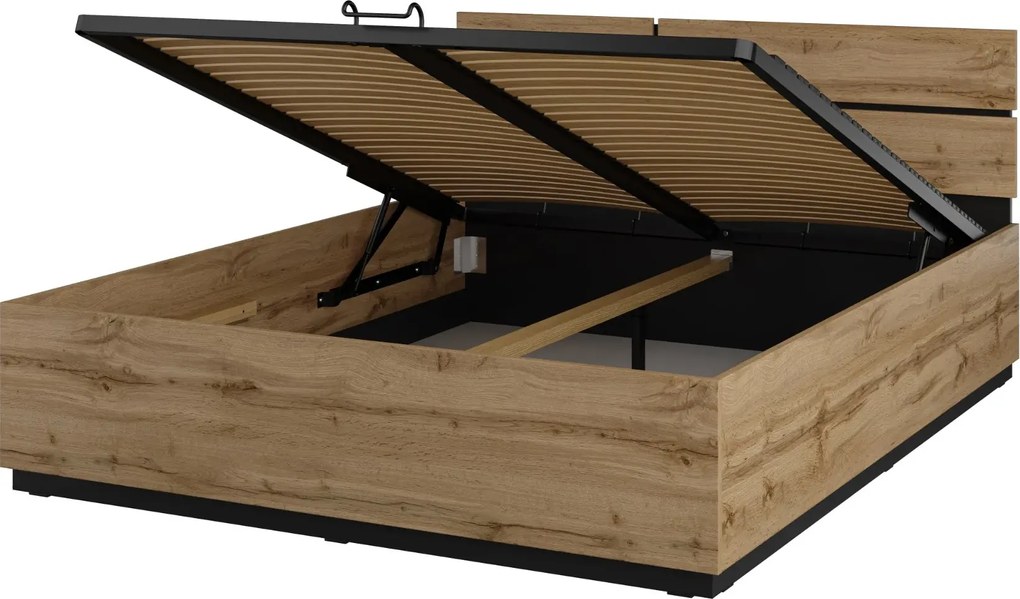 Łóżko CROSS 160x200 dąb wotan/czarne z pojemnikiem HELVETIA