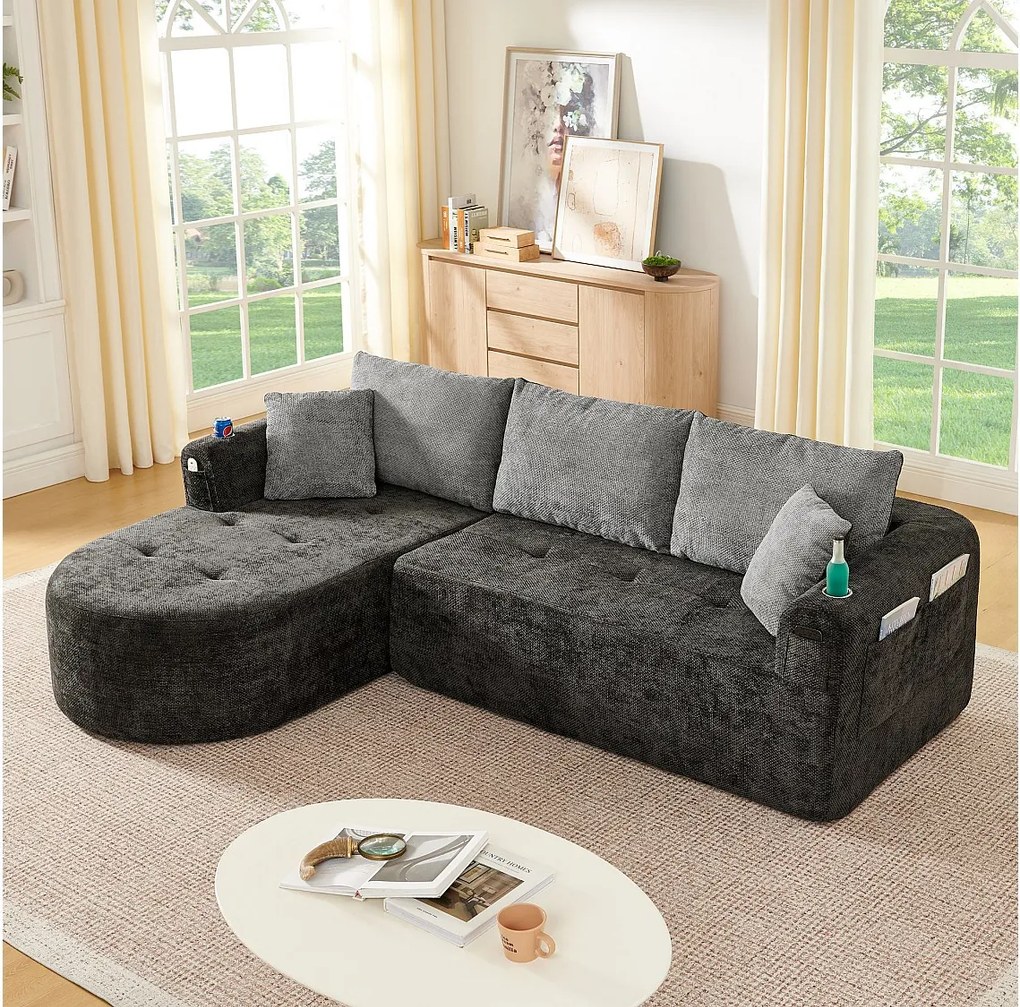4-osobowa sofa narożna z kieszeniami bocznymi i uchwytem na kubki, bez montażu, z lnu, czarna