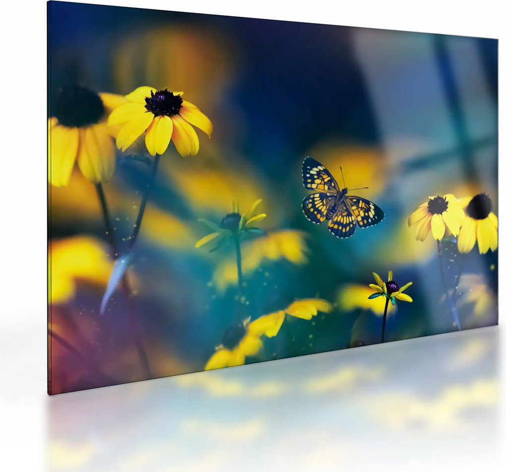 Obraz na szkle - Żółty motyl z kwiatami (70x50 cm)
