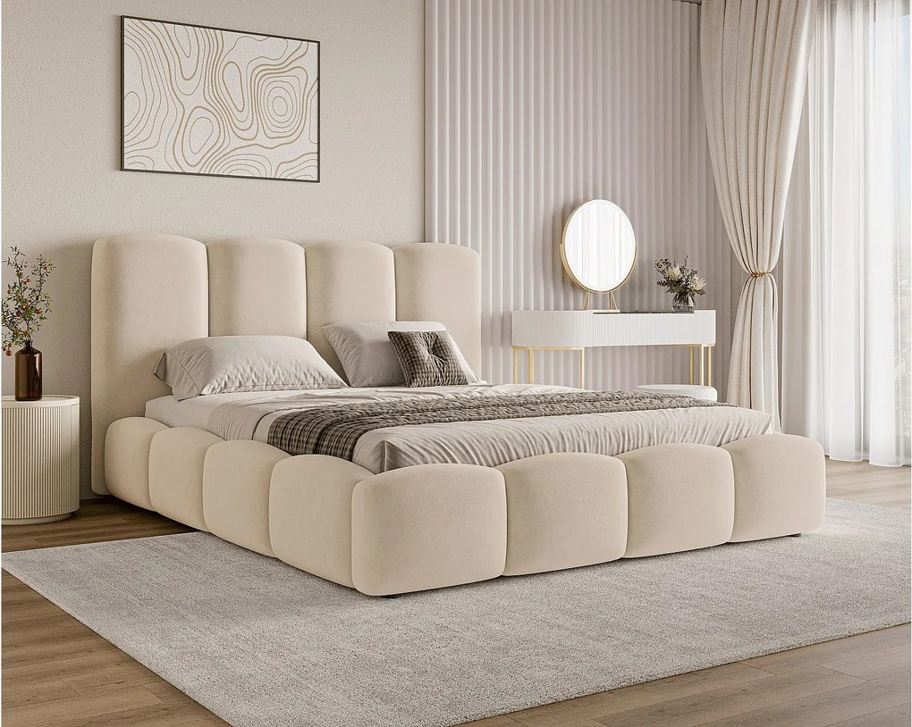BESILIO Łóżko chmurka z pojemnikiem i stelażem 200x200 Puffy - welurowe łóżko tapicerowane - Beżowy