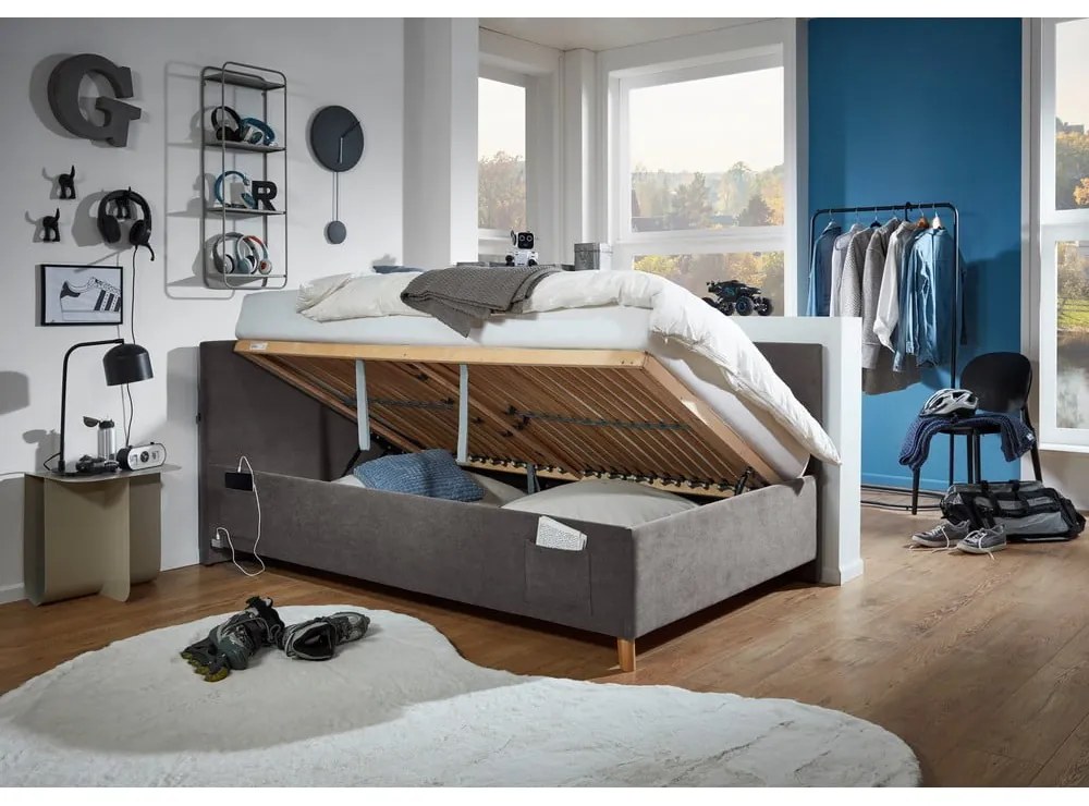 Antracytowe tapicerowane narożne łóżko dziecięce ze schowkiem ze stelażem 90x200 cm Cool – Meise Möbel