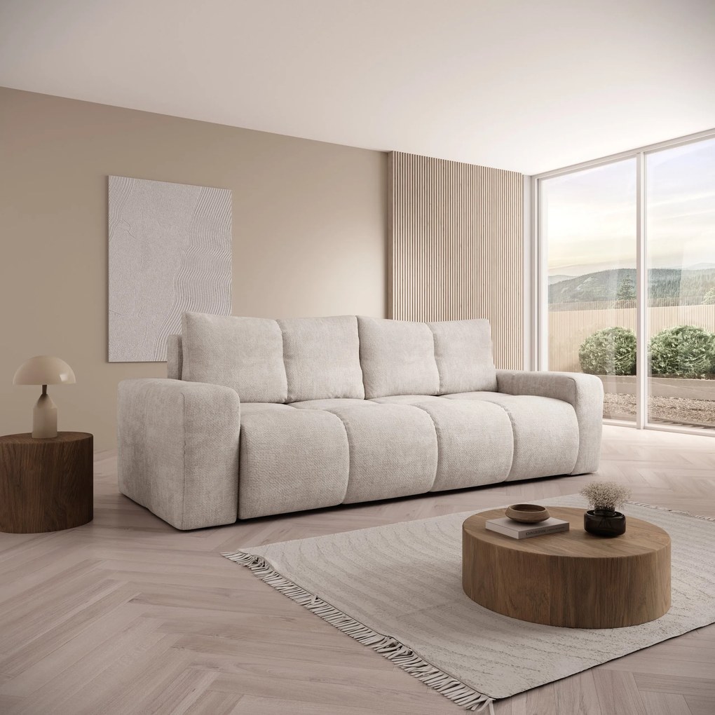 Masseno Sofa DUCA z funkcją spania i pojemnikiem na pościel, Rozkładana sofa - Beżowy, FLOW 03