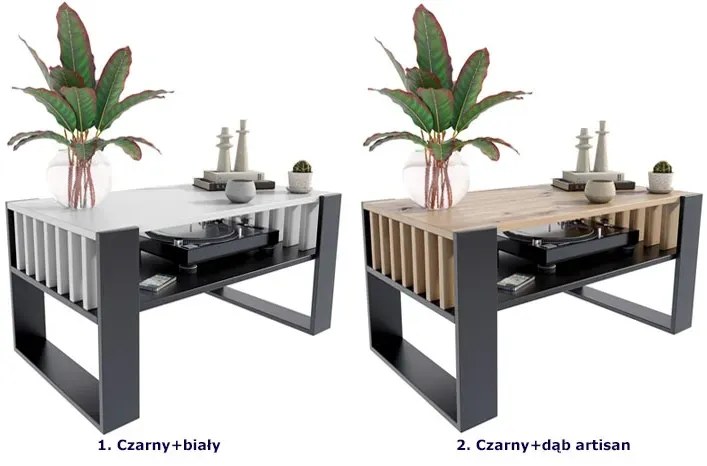 Stolik Kawowy Nowoczesny Czarny Z Lamelami + Dąb 200 X 170 Cm H8-P69