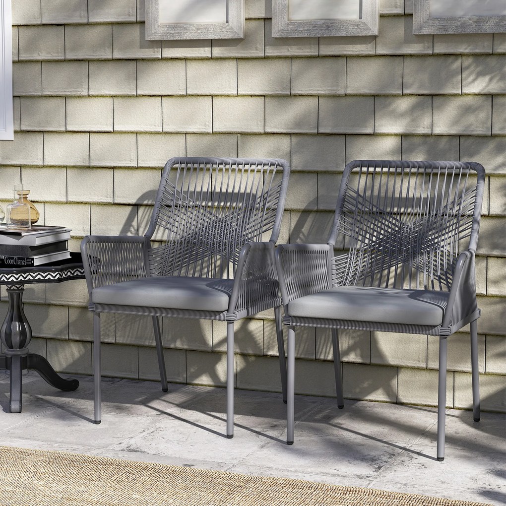 Outsunny Zestaw 2 Krzeseł Ogrodowych, Krzesła Tarasowe, Zdejmowane Poduszki, Oparcie, Podłokietniki, Stal, Rattan, Ciemnoszary