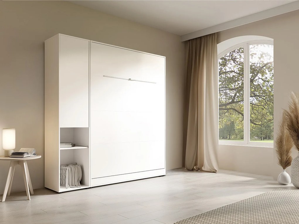 Łóżko chowane w szafie pionowe 140 x 200 cm - 1 kolumna do przechowywania - Z oświetleniem LED - Białe + Materac - RAPILI