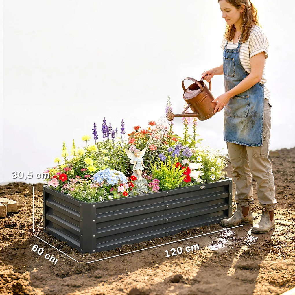 Outsunny Podwyższona Grządka Odporna na Warunki Atmosferyczne z Ocynkowanej Stali z Otwartą Podłogą 120x60x30.5cm Szara | Aosom PL