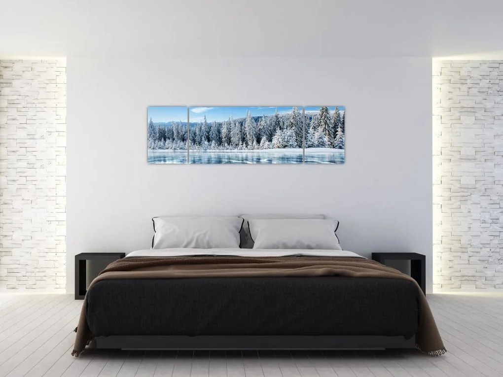 Obraz zamarzniętego jeziora i pokrytych śniegiem drzew (170x50 cm)