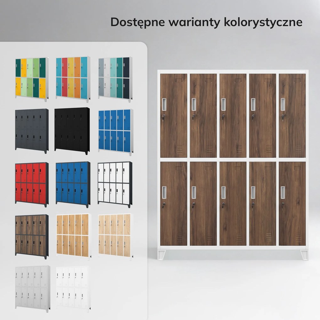 Szafa socjalna ubraniowa 10-drzwiowa biała/orzech, 1360x1720x450 mm: BARTEK Eco Design
