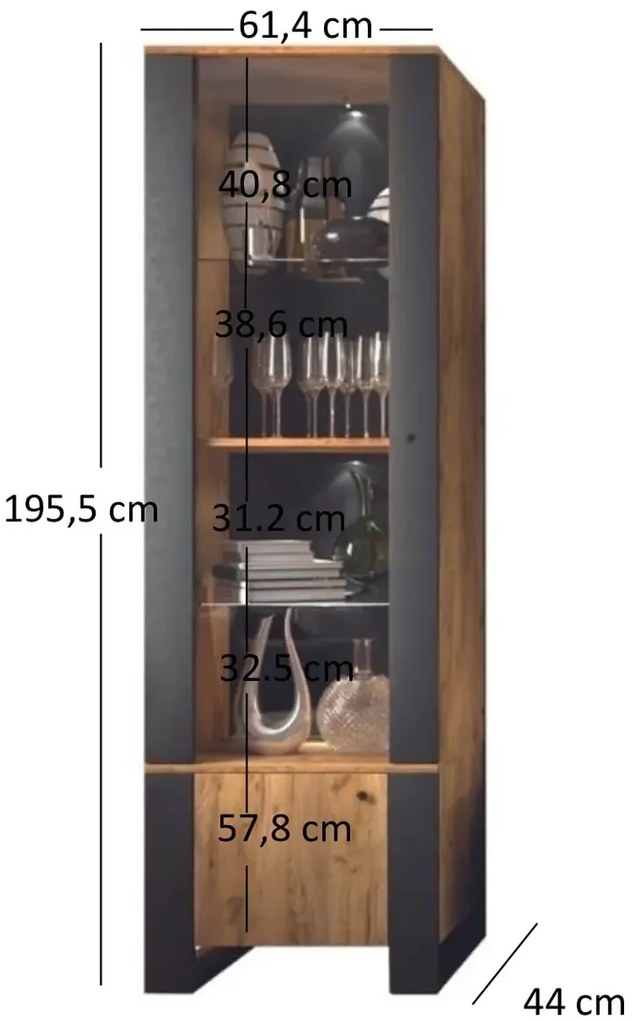 Wysoka witryna słupek z półkami i szafką L1-P69