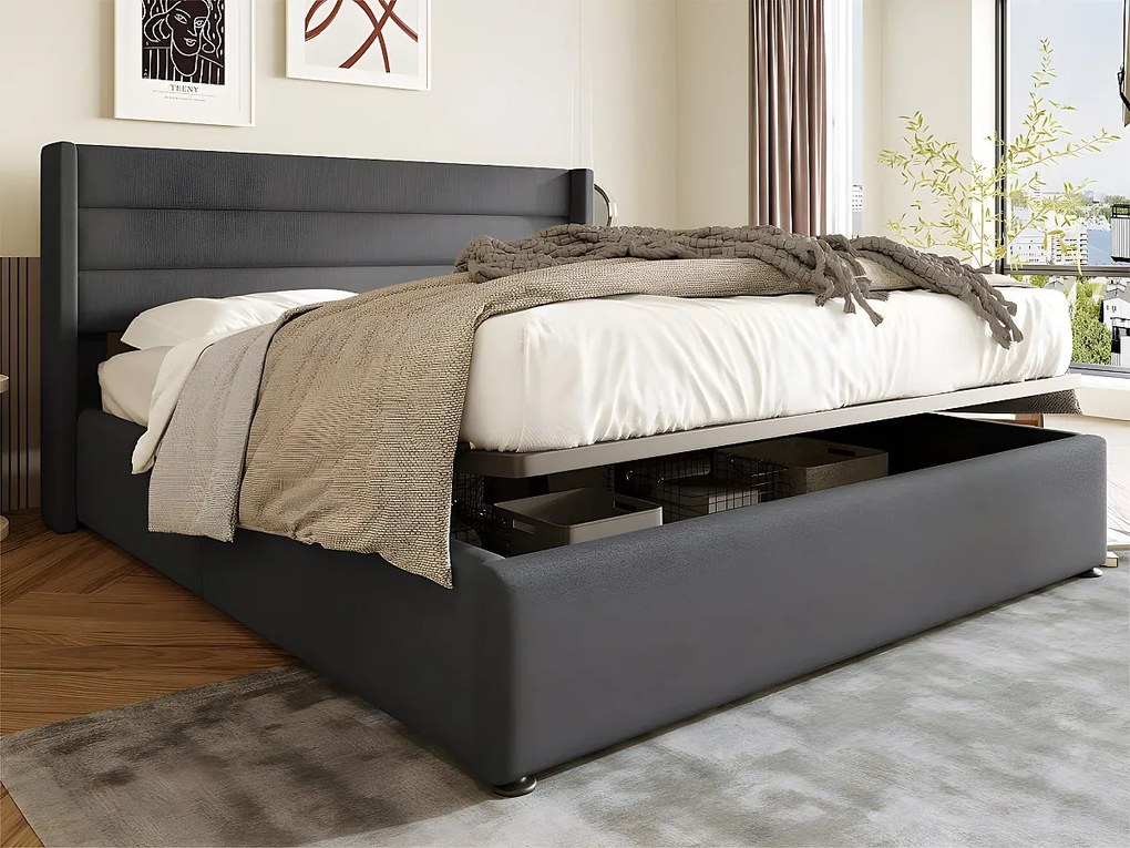 Łóżko 160x200cm z lnu z stelażem na listwy - Szare