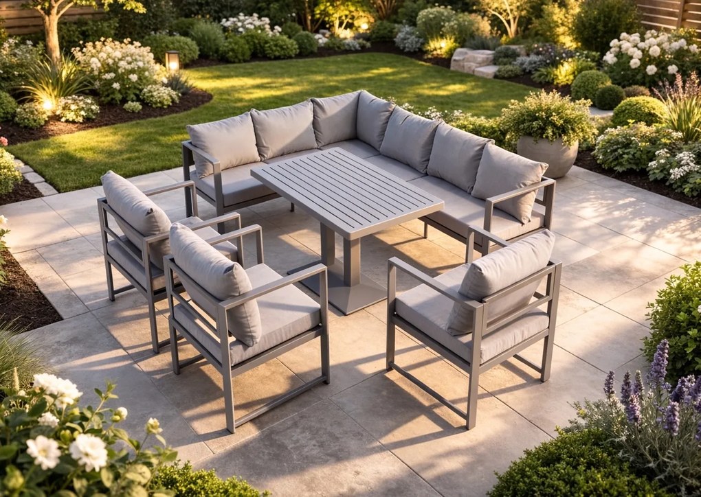 Narożnik ogrodowy Bellagio NM2006-GR z fotelami i stołem, szary, poduszki szare