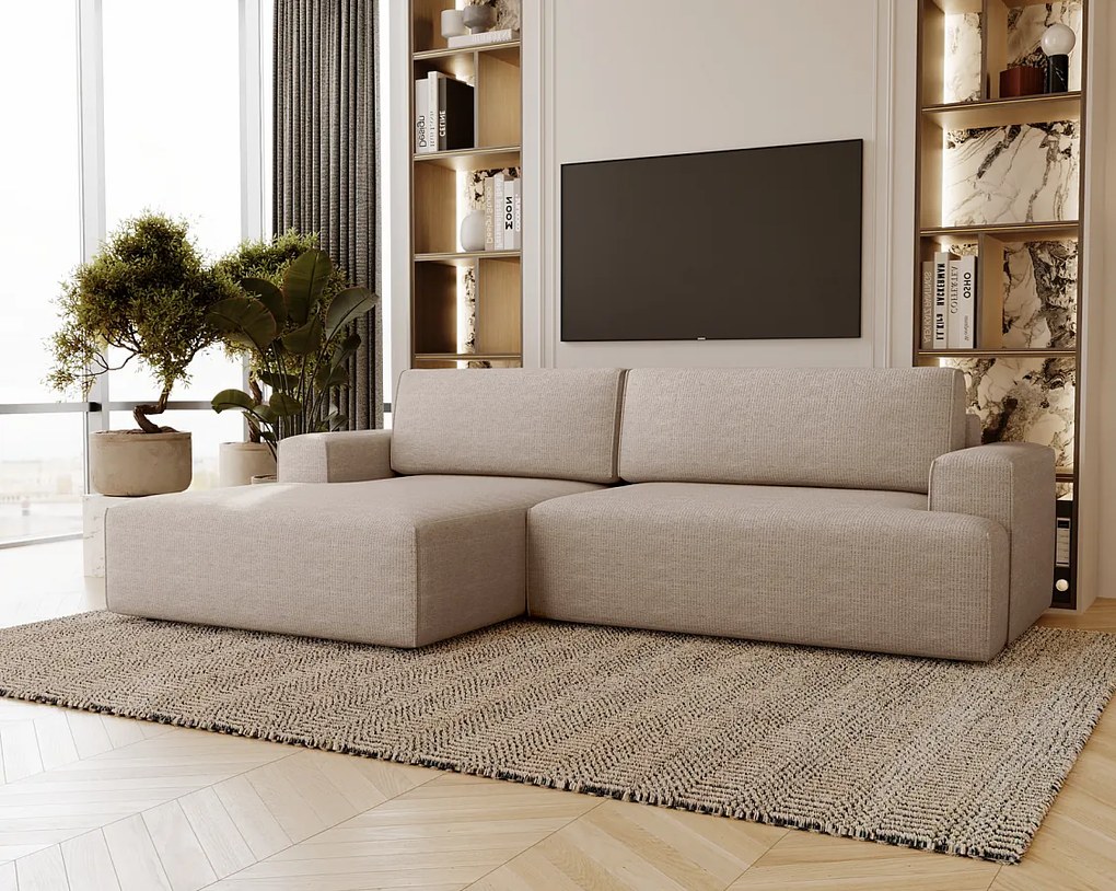 Emporius Boston narożnik rozkładany do salonu - sofa z funkcją spania, mały narożnik, pojemnik na pościel, lewostronny - narożnik beżowy (Memphis 3)