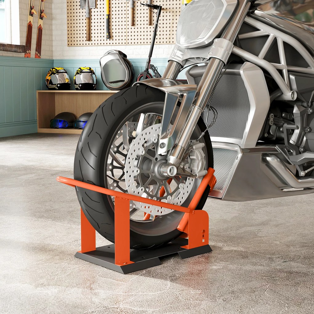 HOMCOM Stojak motocyklowy do przedniego koła 38,1-53,34 cm, 381-533,4 mm, regulowany klocek pod koło, nośność 816,5 kg, Pomarańczowy | Aosom PL