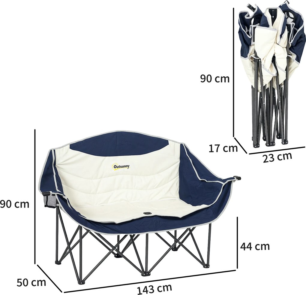 Outsunny Składany fotel 2-osobowy kempingowy z uchwytem na napoje, torbą transportową, do 250 kg, niebieski | Aosom PL